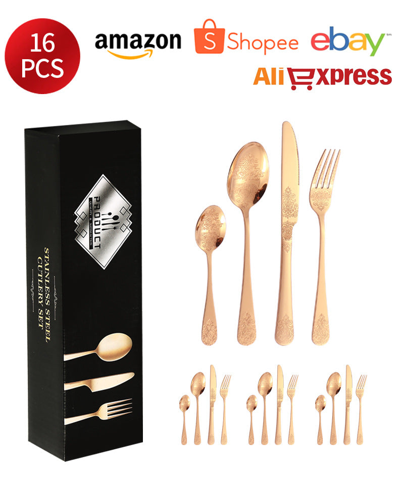 Stainless Steel Cutlery Set1010Double Flower Relief Knife, Fork, and Spoon24Set of Western Steak Knives and Forks