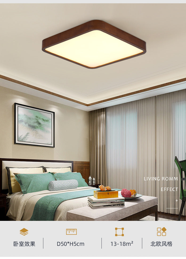 New Chinese Style Ceiling Light for Bedroom, Round Modern Simple Walnut Color Solid Wood Nordic Room LED Lamp