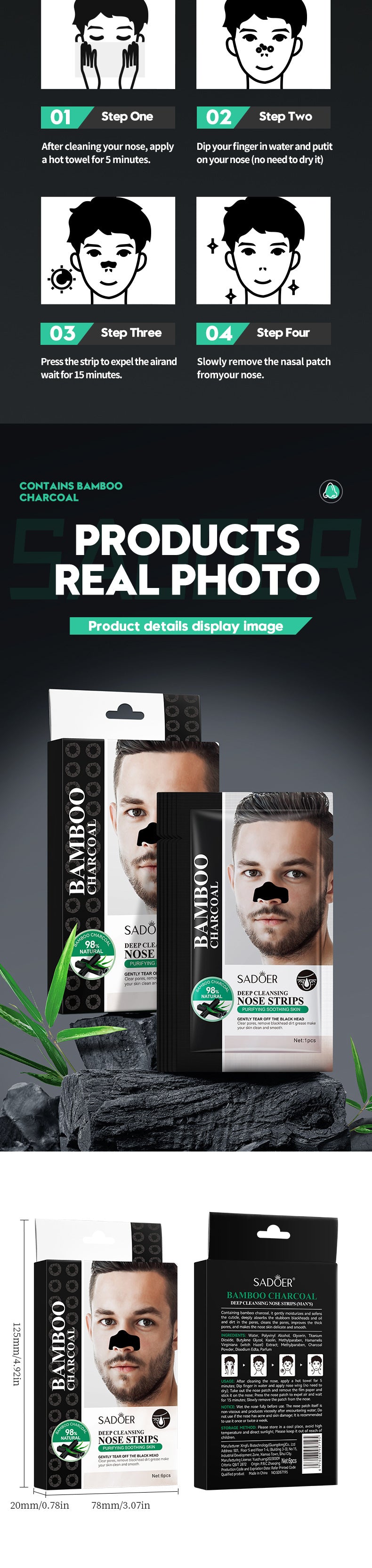Men's Bamboo Charcoal Nose Strips SADOER Deep Cleansing for Blackhead Removal T Cross-Border Wholesale for Nursing Supplies