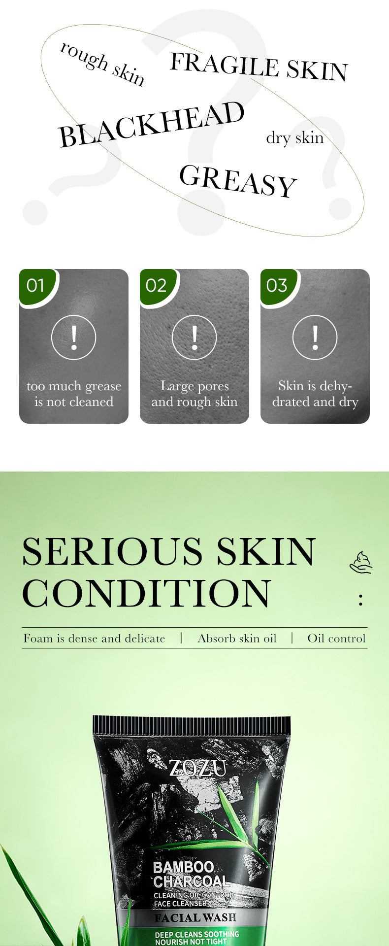 Bamboo Charcoal Facial Cleanser100gZOZU Deep cleansing refreshing non-greasy facial cleanser cross-border wholesale