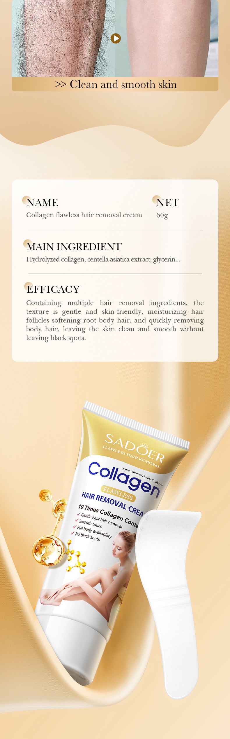 Full English Collagen Gentle Hair Removal Cream SADOER Skin-friendly Non-irritating Underarm Hair Removal Cream  Wholesale