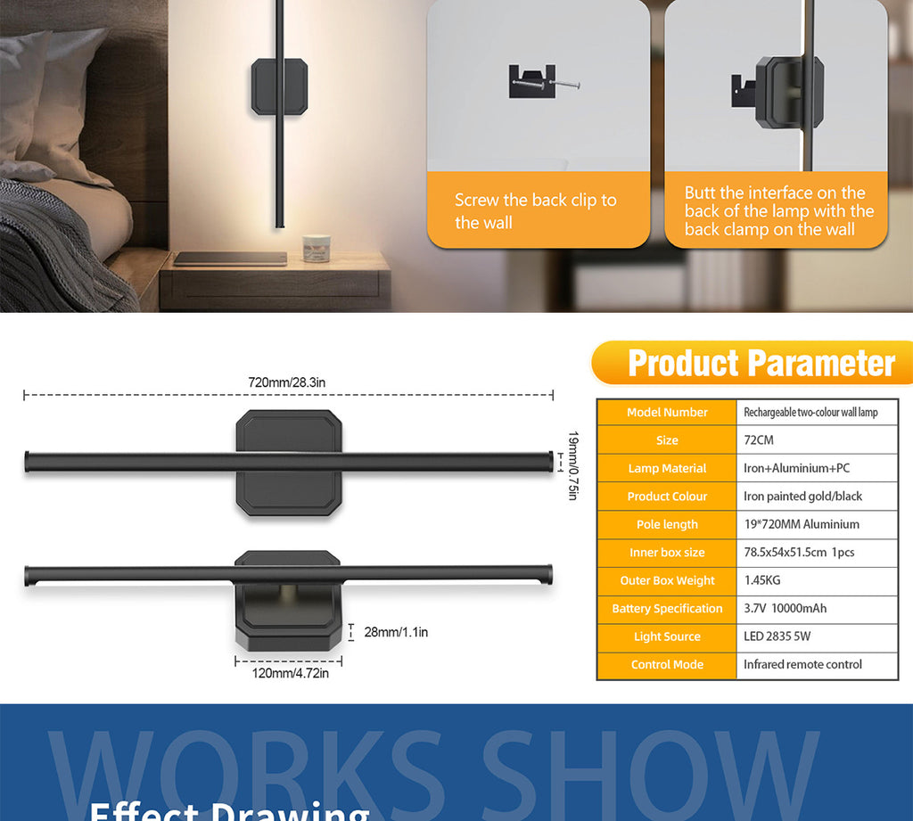 Rechargeable Two-tone Wall Lamp Indoor Wall Lamp Bedroom Bedside Wall Lamp Staircase Wall Lamp No Wiring Wall Lamp Long Strip Wall Lamp