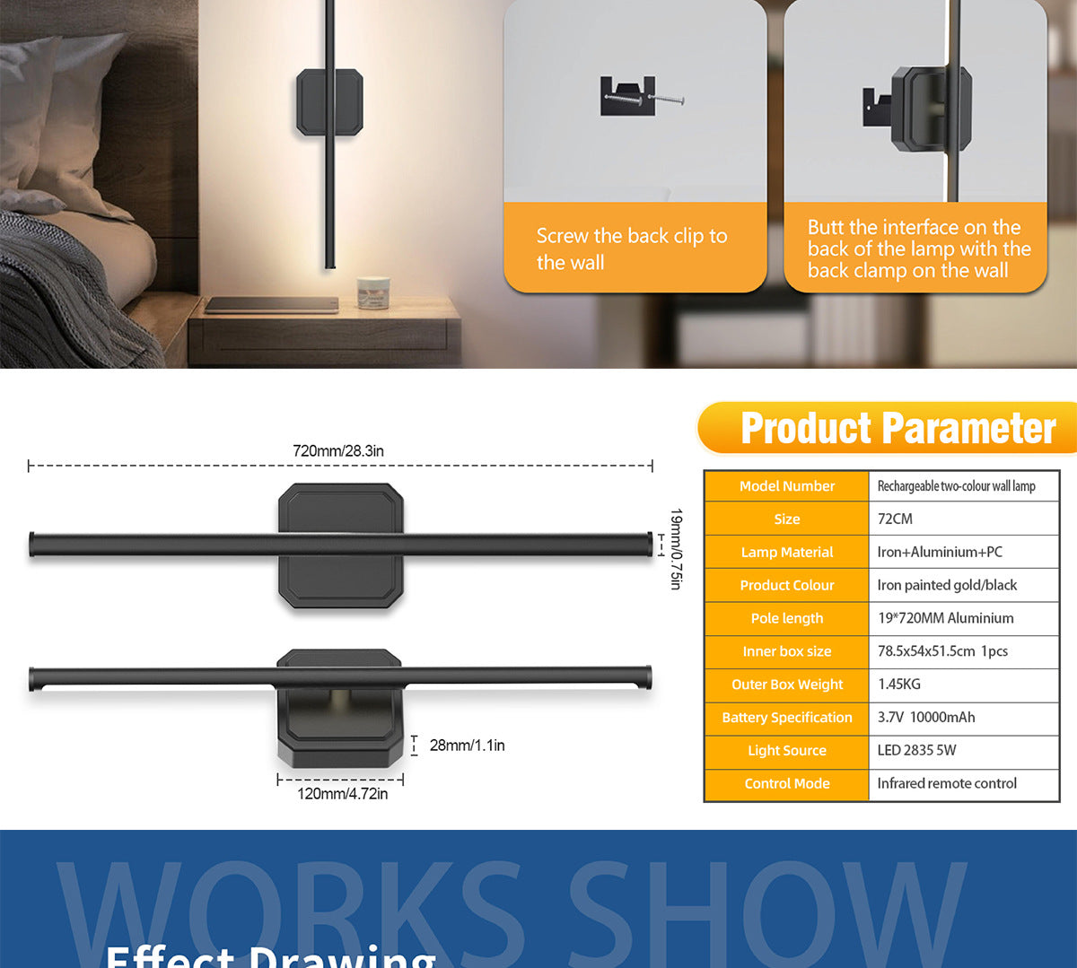 Rechargeable Two-tone Wall Lamp Indoor Wall Lamp Bedroom Bedside Wall Lamp Staircase Wall Lamp No Wiring Wall Lamp Long Strip Wall Lamp