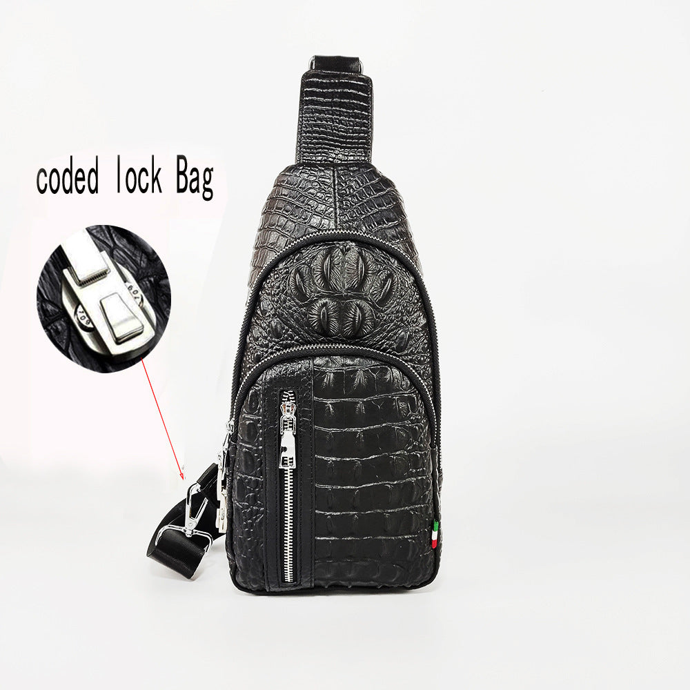2025New European and American Fashion Crocodile Pattern Top Layer Cowhide Men's Password Lock Genuine Leather Chest Bag High-end Crossbody Bag