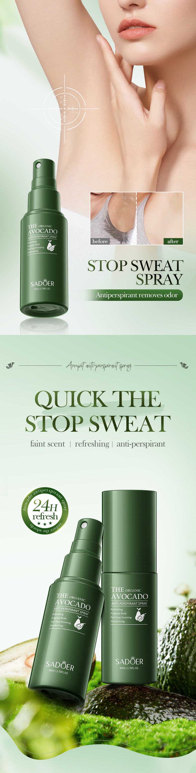 Avocado Perfume Antiperspirant Spray SADOER Deodorant Antiperspirant Portable Spray Cross-Border Wholesale