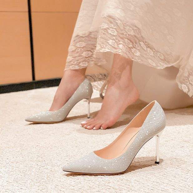 Main Wedding Dress silver High Heel Wedding Shoes for Women Thin Heel2025New Year's New Bride Xiuhe Dress Two-Wear Can Be Worn Daily