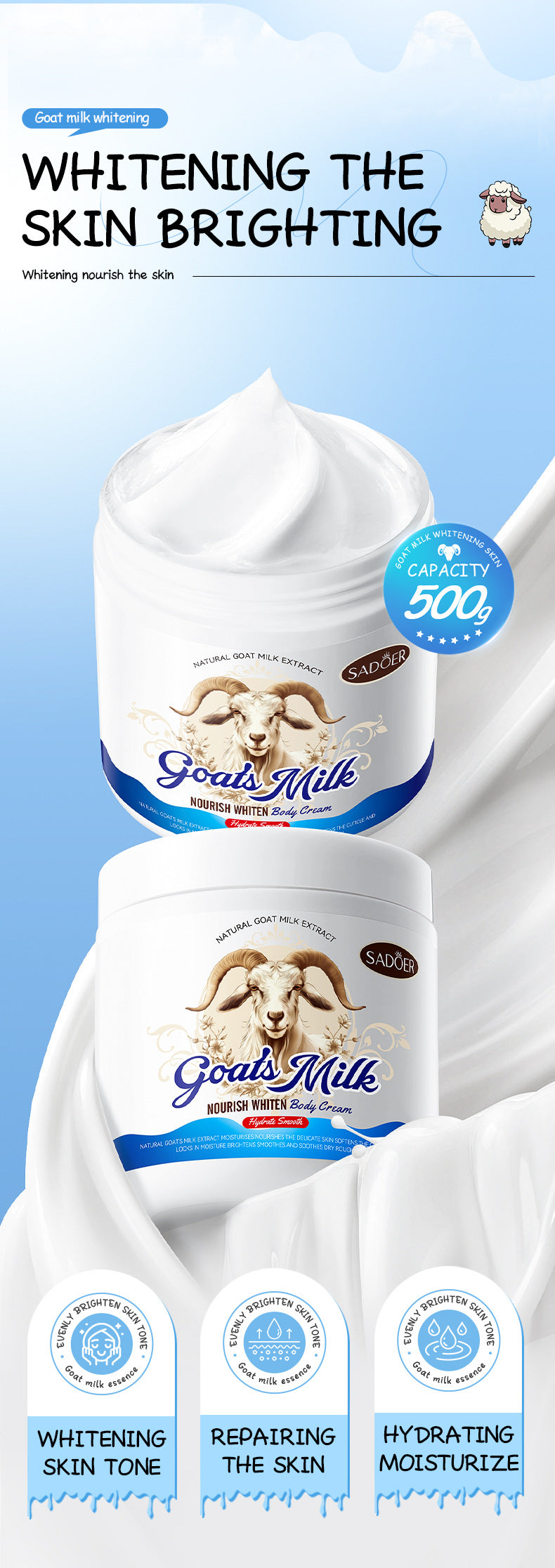 Goat Milk Whitening Body Lotion SADOER Nourishing Autumn and Winter Body Cream Cross-Border Foreign Trade Wholesale