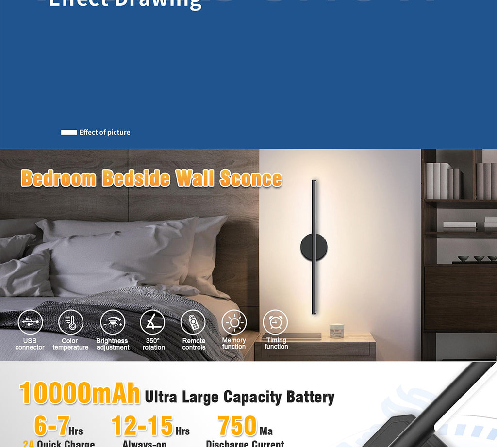 Rechargeable Two-tone Wall Lamp Indoor Wall Lamp Bedroom Bedside Wall Lamp Staircase Wall Lamp No Wiring Wall Lamp Long Strip Wall Lamp