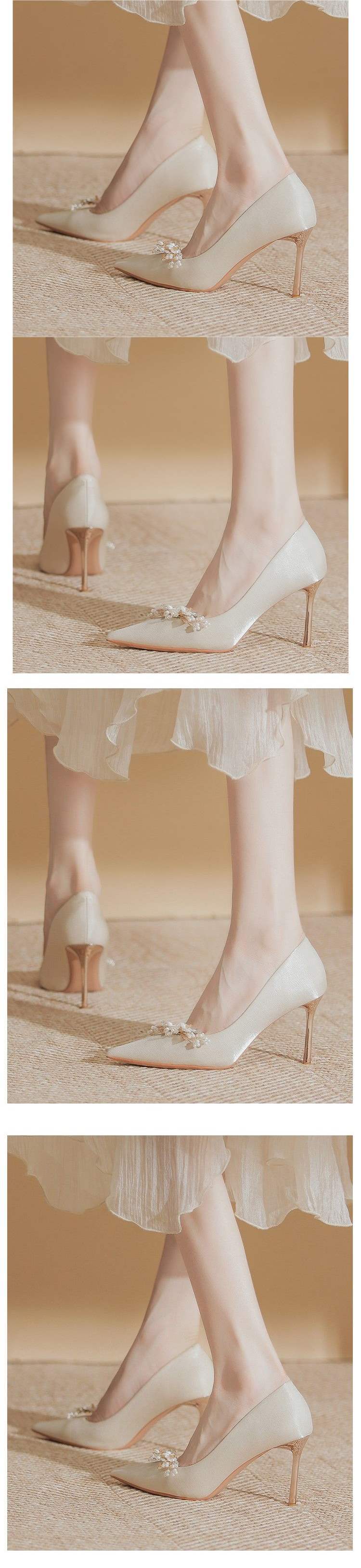 Silk Satin High Heels for Women, Thin Heel, Bridesmaid2025New Year's New Wedding Dress Engagement Two-Wear French Style Non-Tiring Pointed Toe Wedding Shoes