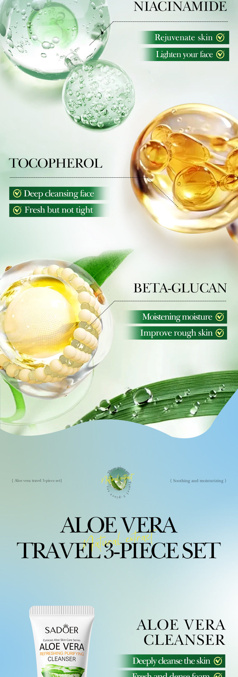 Full English Aloe Vera Travel Three-Piece Set SADOER Aloe Vera Gel Toner Facial Cleanser  Wholesale