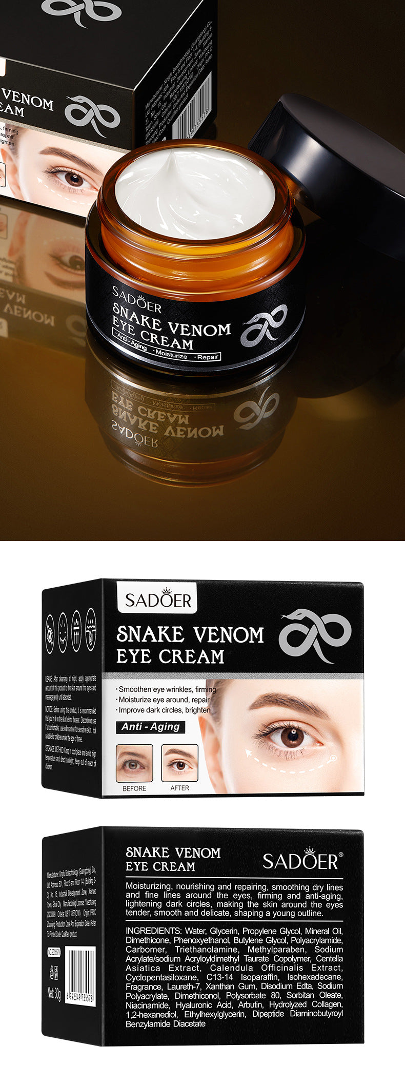 Full English Snake Venom Peptide Eye Cream SADOER Hydrating and Moisturizing Improves Dark Circles, Eye Bags, and Eye Wrinkles  Wholesale