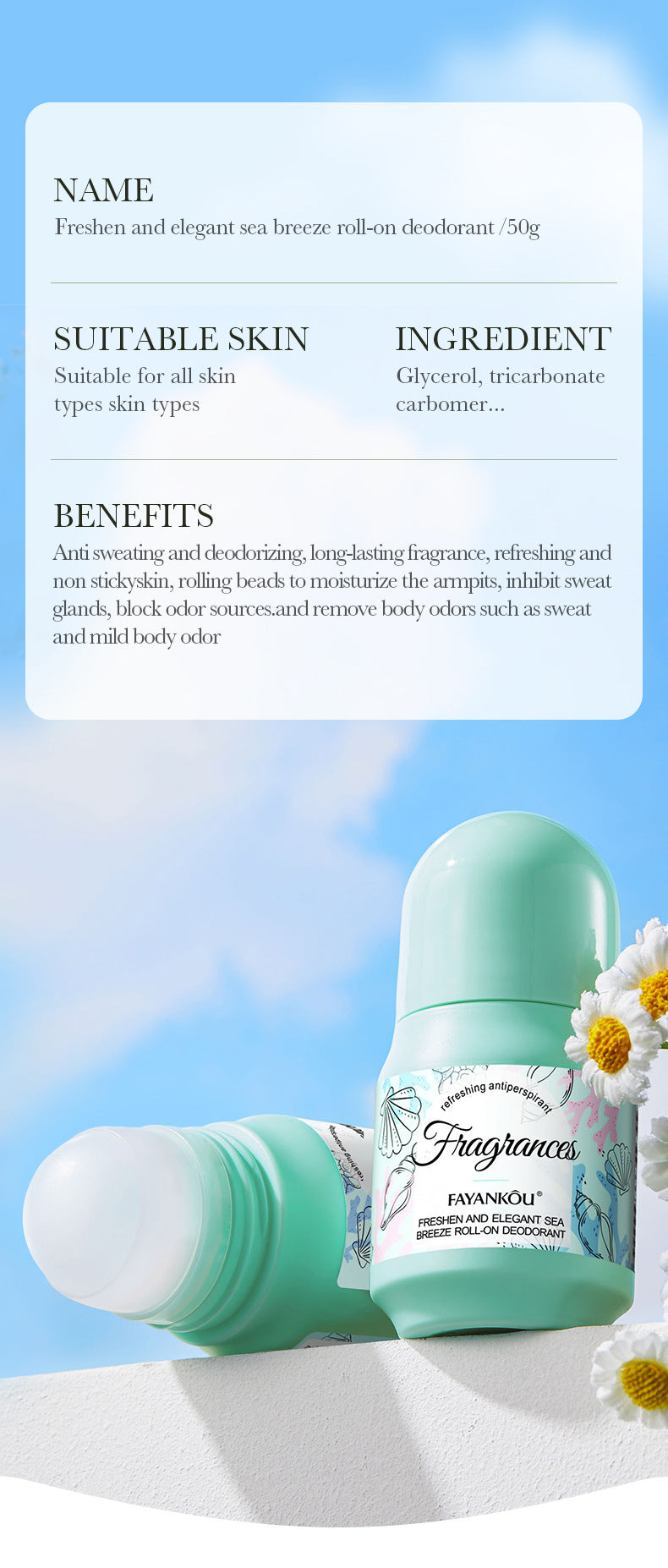 Full English Antiperspirant50g FAYANKOU Deodorant with Long-lasting Fragrance, Refreshing Antiperspirant Roll-on,  Wholesale