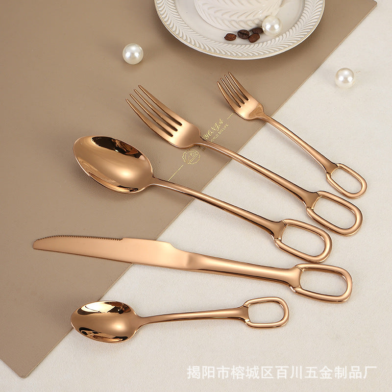 304Stainless Steel Western Cutlery Set with Rings, Steak Knife, Fork, Spoon, European Style Hanging Hole Tea Spoon with Tail Set