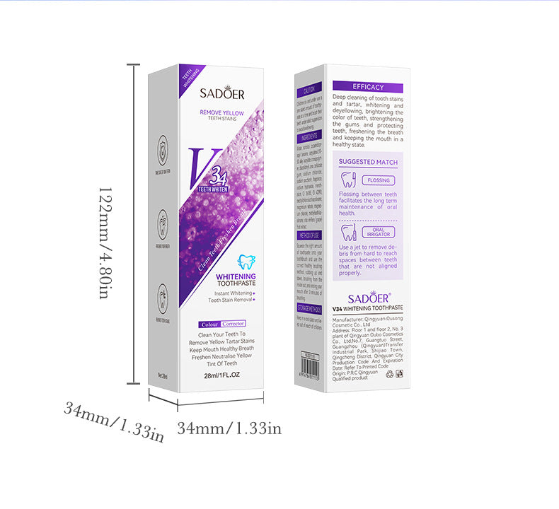 V34Whitening Toothpaste28ml SADOER Clean Teeth Clean Toothpaste Cross-Border Foreign Trade Wholesale