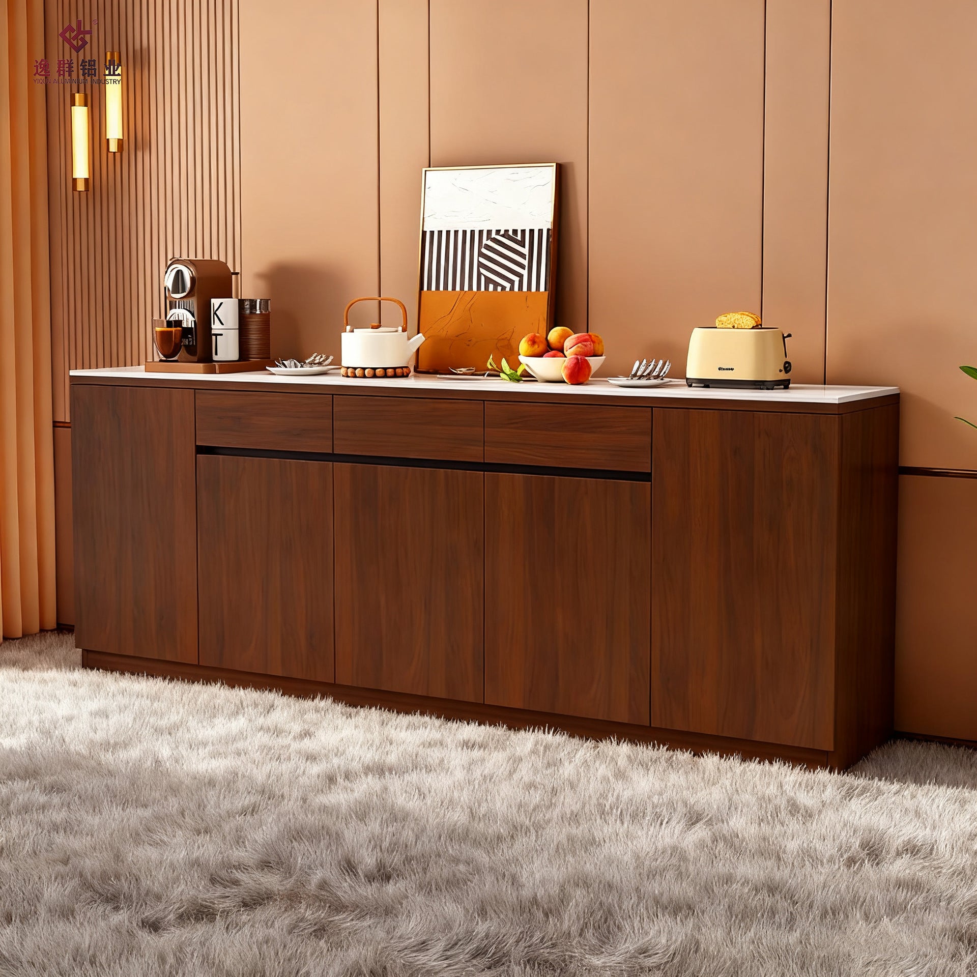 Aluminum Alloy Sideboard with Rock Slab Modern Minimalist Kitchen Storage Cabinet Tea Water Living Room Bowl Storage Integrated Cabinet Customization