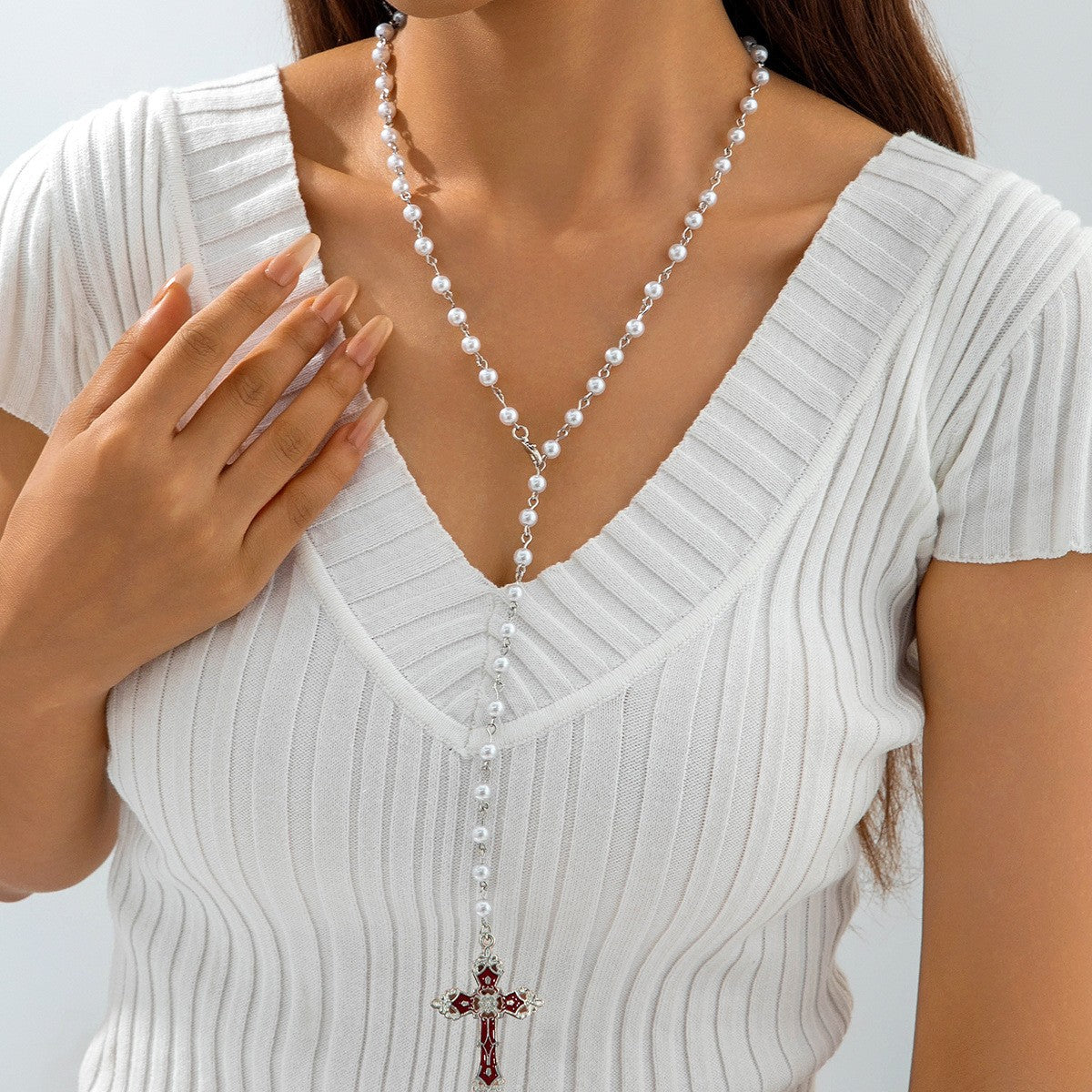 European and American Fashion Jewelry Beaded Tassel Double Layer Long Necklace Elegant Multi-layer Wear Y Type Necklace Ornament