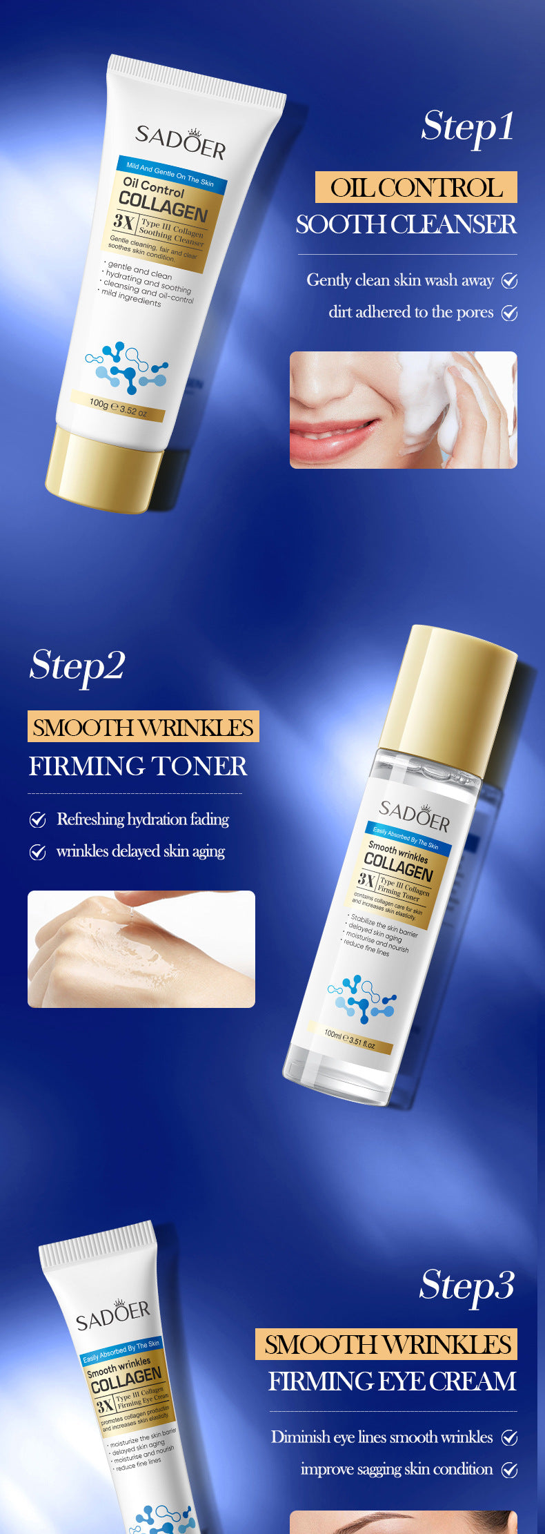 Type III Collagen Wrinkle Care Skincare Set SADOER Firming and Moisturizing Kit Cross-Border Wholesale