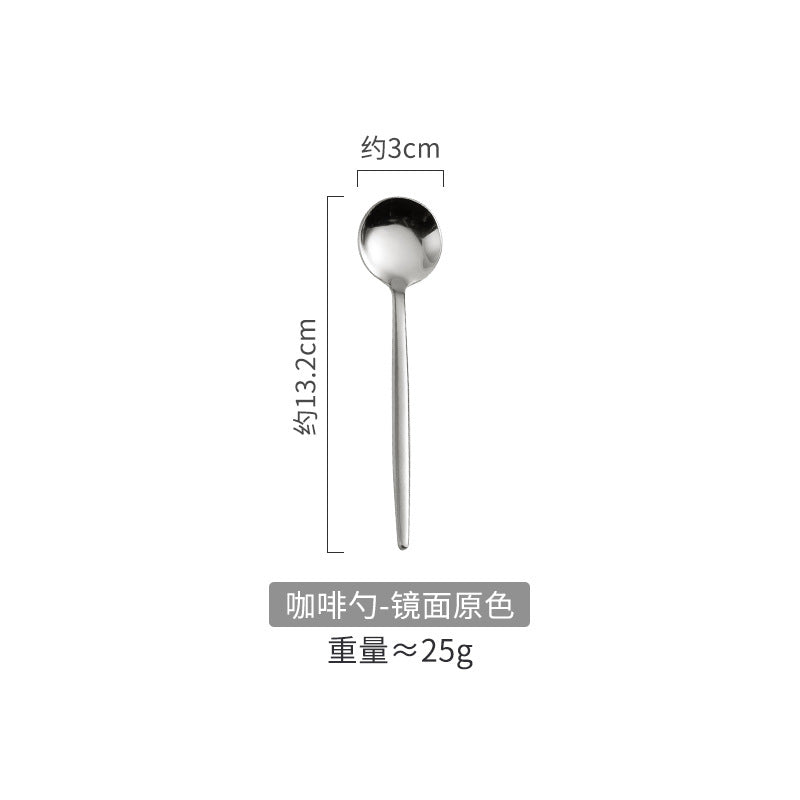 Portuguese Tableware304Glossy Round Handle Main Dinner Knife Fork Spoon Thick Mirror Dessert Spoon Fruit Fork Ice Spoon