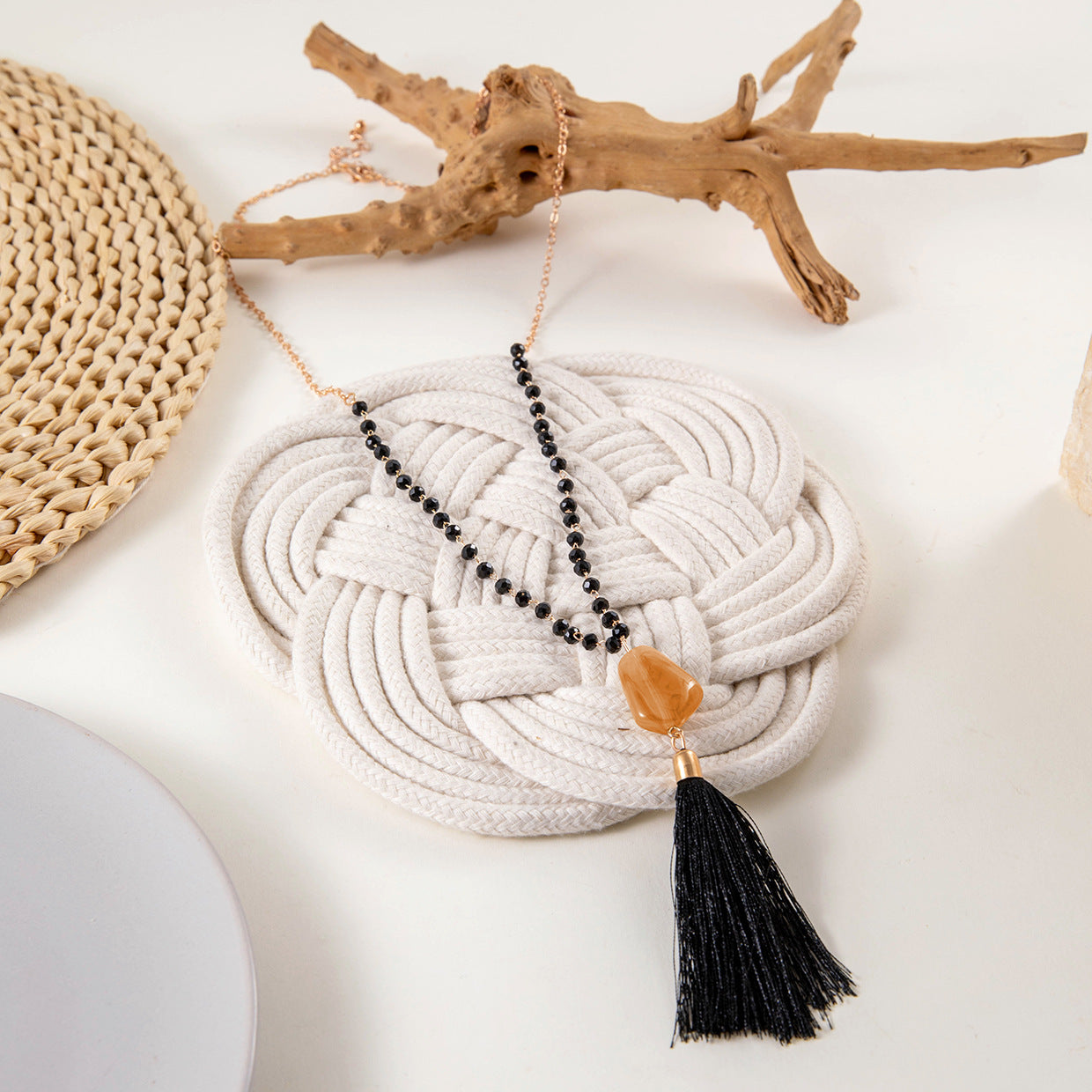 Simple Colorful Beaded Tassel y Chain Necklace Elegant Versatile Diamond-Studded Sweater Chain Jewelry