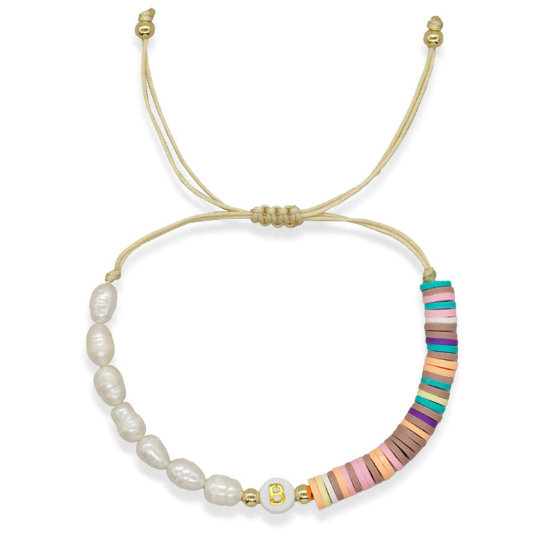 Imitation pearl26Letter Bracelet Bohemian Casual Vacation Bracelet Gold Beads Stretchable Soft Clay Woven Bracelet