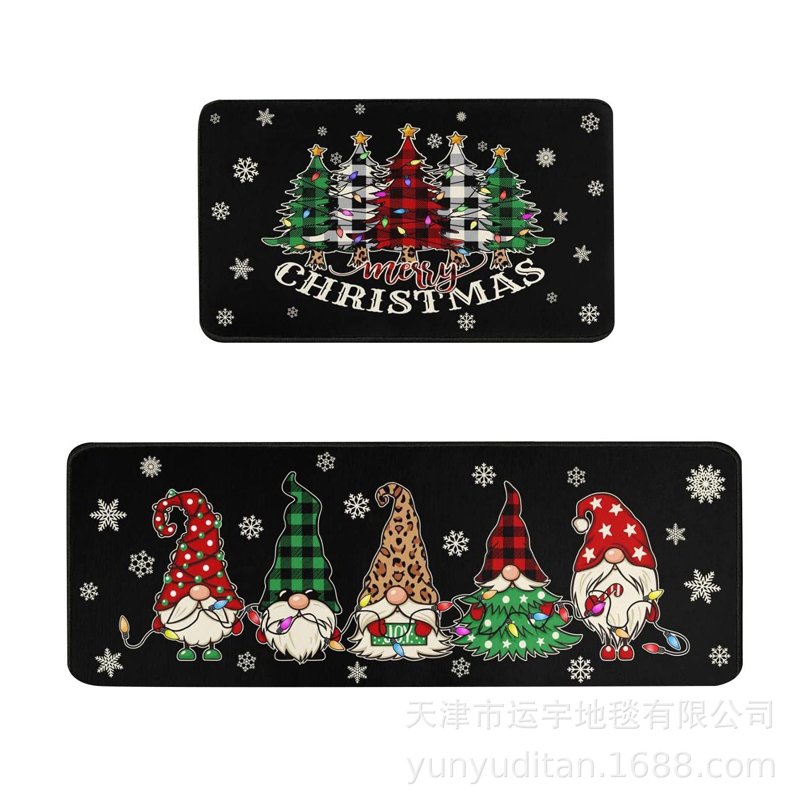 Christmas Kitchen Floor Mat Two-Piece Set Crystal Velvet Water-Absorbent Oil-Absorbent Non-Slip Foot Mat Holiday Decorative Floor Mat
