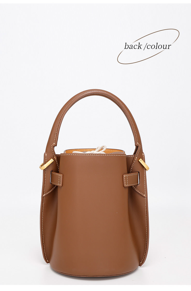 Frosted Leather Bucket Bag Genuine Leather Korean Style Versatile Niche Design Light Luxury Handbag Single Shoulder Crossbody Women's Bag Large Capacity