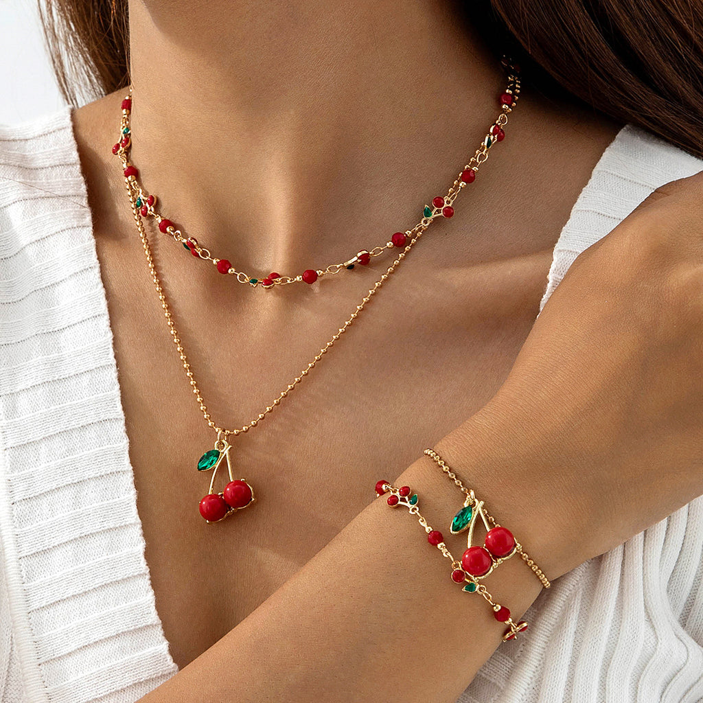 European and American Style Jewelry Light Luxury Imitation Pearl Cherry Necklace High-End Versatile Grass Multi-Layer Stacking Necklace Wholesale