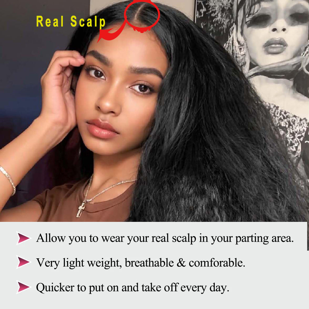 N Africa YAKI Straight Hair with Curly Ends Synthetic Wig V High-Temperature Fiber Wig with Hollow Top