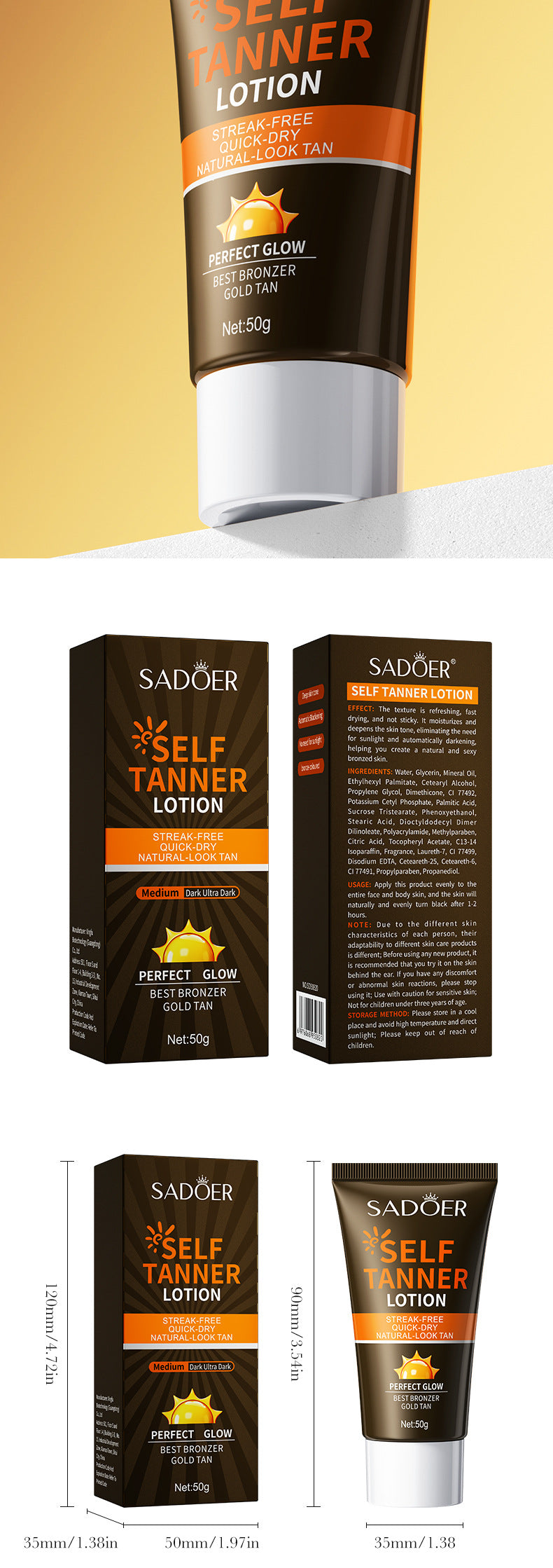 Tanning Cream50g SADOER Natural Darkening Bronze Wheat Color Tanning Cream Cross-Border Wholesale