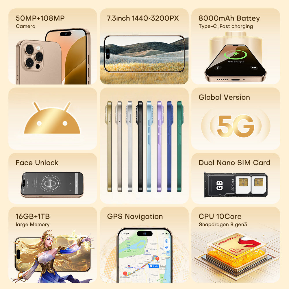 Hot Selling Mobile Phone List i16ProMAX2+16High-definition Large Screen In Stock16pro Smartphone