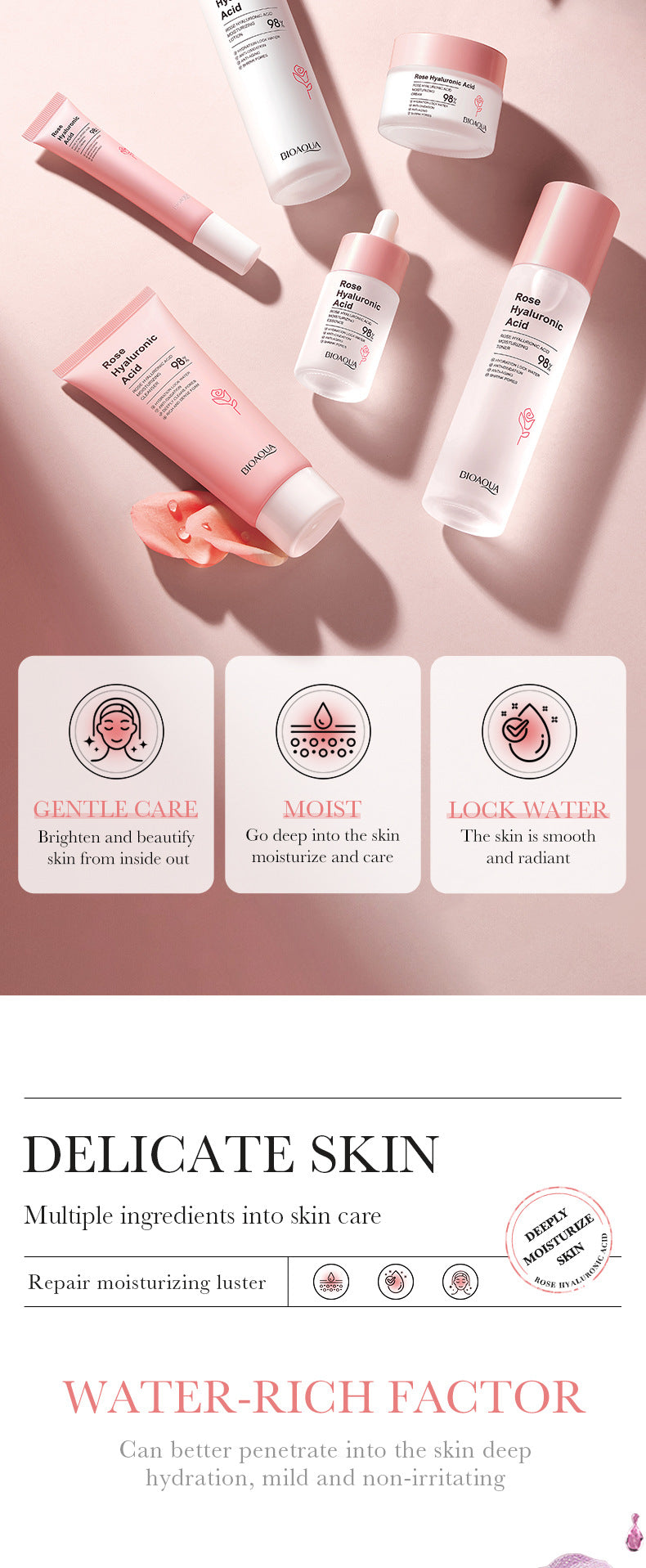 Full English Rose Skincare Set BIOAOUA Hyaluronic acid moisturizing six-piece set  foreign trade wholesale