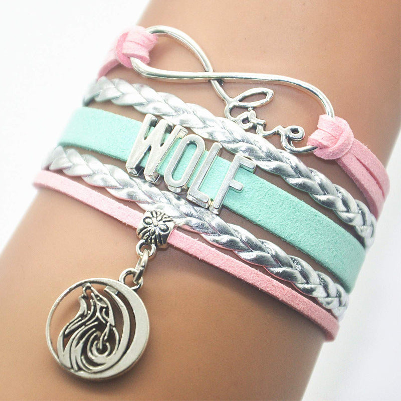 Wolf Dog Pendant Hand-woven Bracelet European and American retro Gift Bracelet wolf Letter Men's Multi-layer Braided Bracelet