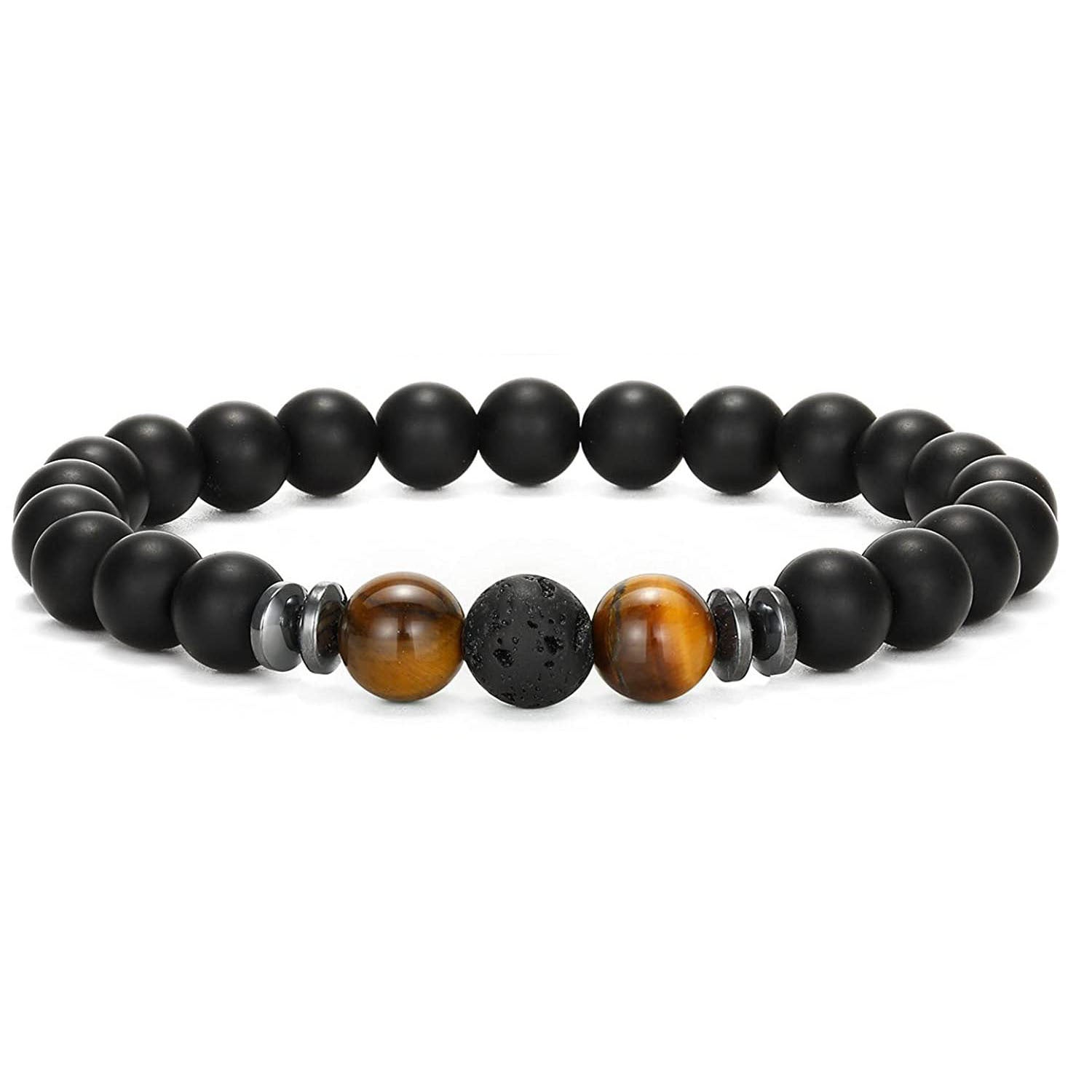 Volcanic Stone Black Frosted Stone Bracelet8mm Beaded Elastic Cord Men's Single Loop Tiger Eye Stone Volcanic Spacer Bracelet