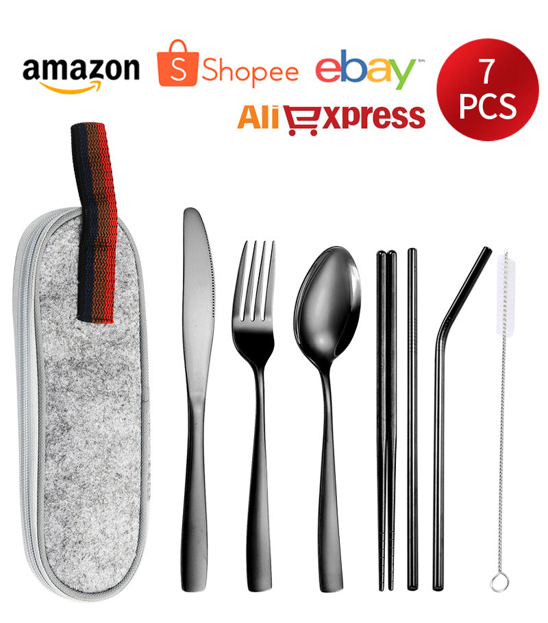 410Stainless Steel Portable Outdoor Camping Tableware Set304Stainless Steel Straw Knife Fork Spoon Chopsticks Seven-Piece Set