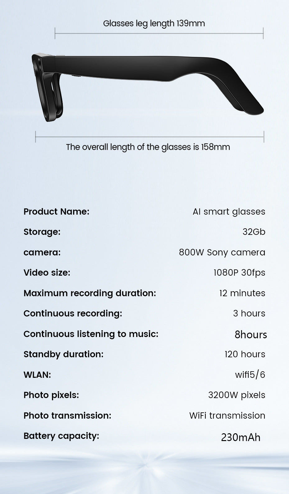E03Smart Glasses800100 Megapixel Camera with Image Stabilization1200P Video Recording AI Simultaneous Translation Character Recognition