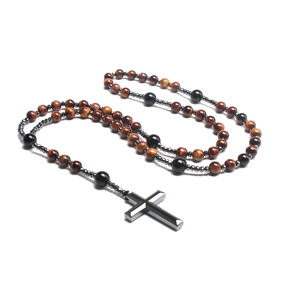 Men's Matte Stone Braided Rope Cross Necklace Natural Stone Beaded Long Necklace Tiger Eye Stone Cross Necklace