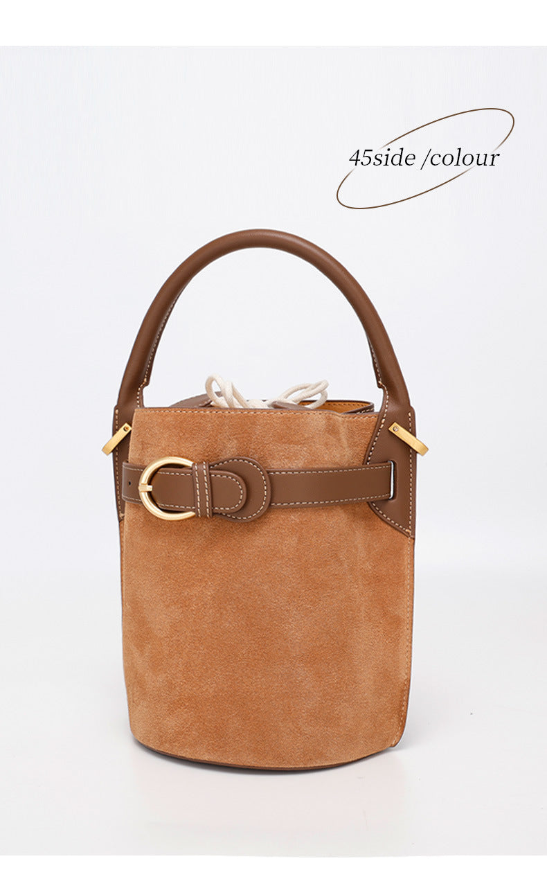 Frosted Leather Bucket Bag Genuine Leather Korean Style Versatile Niche Design Light Luxury Handbag Single Shoulder Crossbody Women's Bag Large Capacity