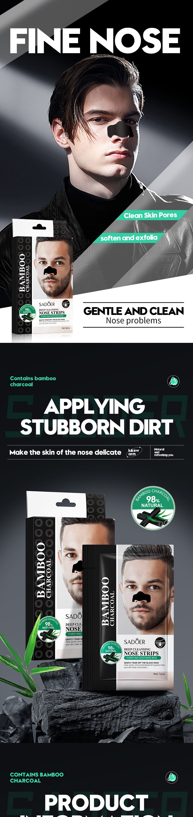 Men's Bamboo Charcoal Nose Strips SADOER Deep Cleansing for Blackhead Removal T Cross-Border Wholesale for Nursing Supplies