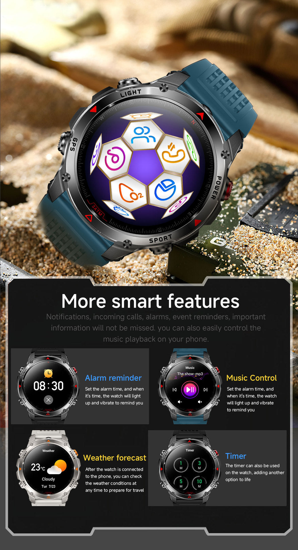 HT37Smart Watch1.46inch Bluetooth Call Heart Rate Pedometer GPS Beidou Positioning Three-Proof Sports Track