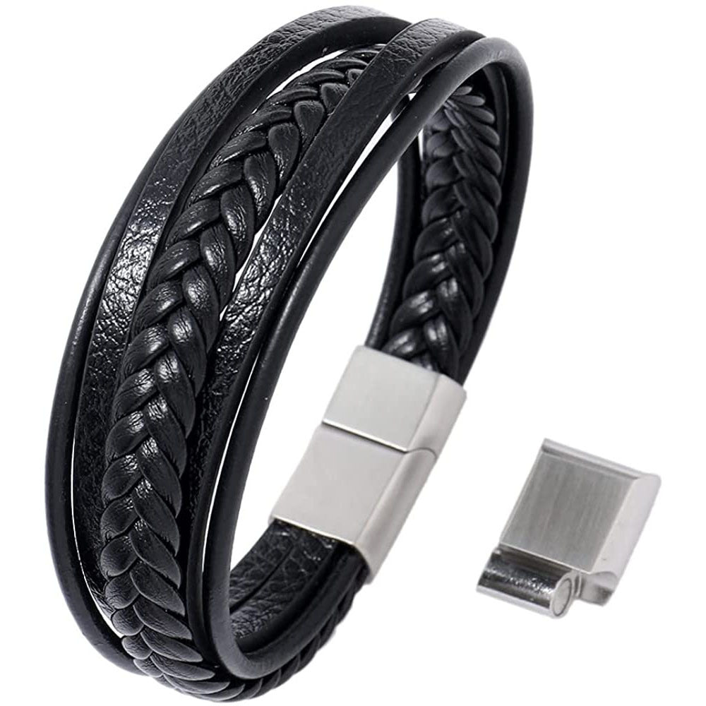 Vintage Multi-layer Hand-woven Bracelet Men's Simple Gift Bracelet Alloy Magnetic Clasp Tiger Eye Stone Leather Bracelet