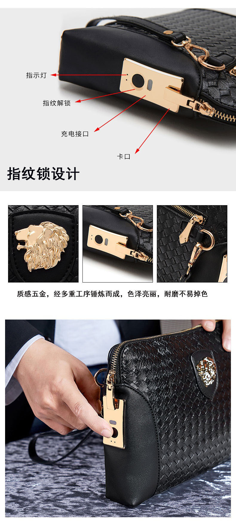Men's Genuine Leather Handbag with Fingerprint Unlock, Clutch Bag with Password Lock, Business Fashion Portable Clutch