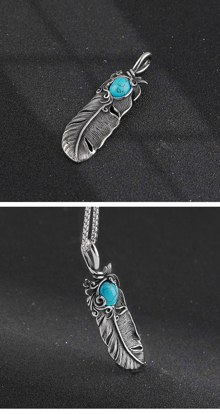 New Titanium Steel Necklace European and American Square Pearl Chain Hip Hop Rap American Pendant Accessories Retro Feather Ethnic Style