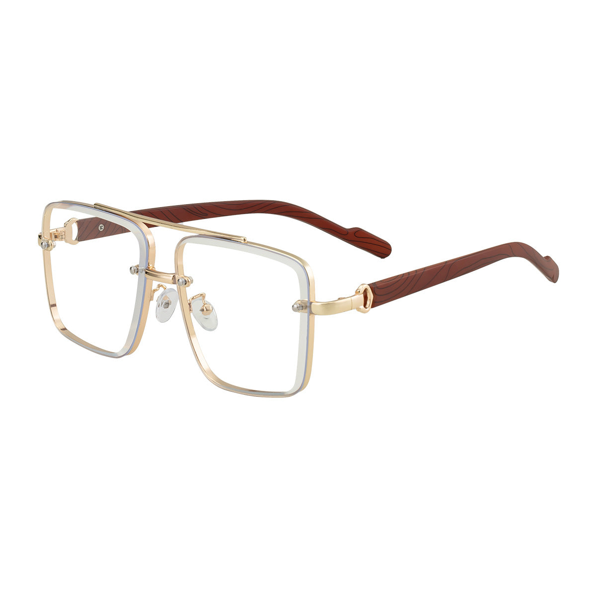2025New European and American Fashion Square Frame Sunglasses for Men Retro Imitation Wood Grain Temple Double Bridge Sun Protection Sunglasses for Men