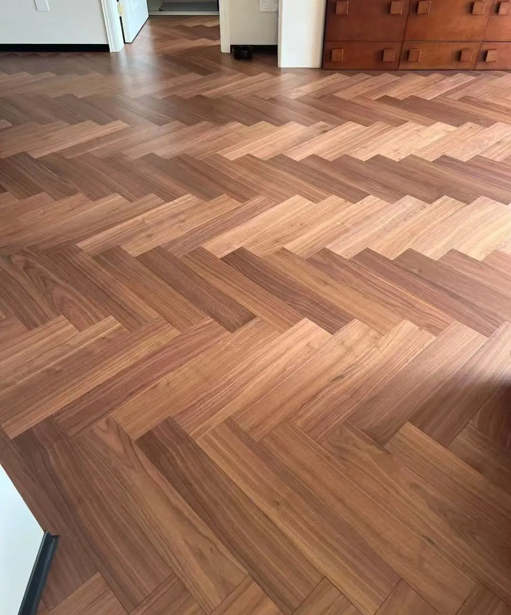 Customizable 12mm Black Walnut Herringbone Engineered Wood Flooring | Waterproof Anti-Slip for Outdoor Hotel Office Interiors
