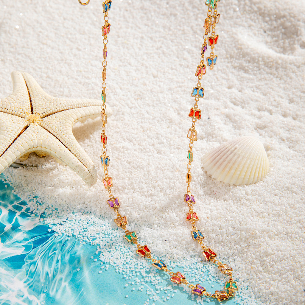 Simple Colorful Beaded Tassel y Chain Necklace Elegant Versatile Diamond-Studded Sweater Chain Jewelry