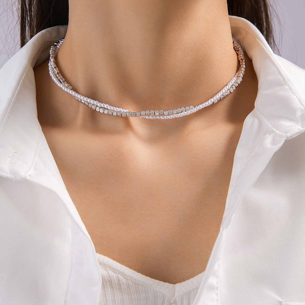 European and American Ornament  Simple Versatile Japanese and Korean Fresh Style Beaded Sugar Cube Round Bead Pearl Necklace Wholesale
