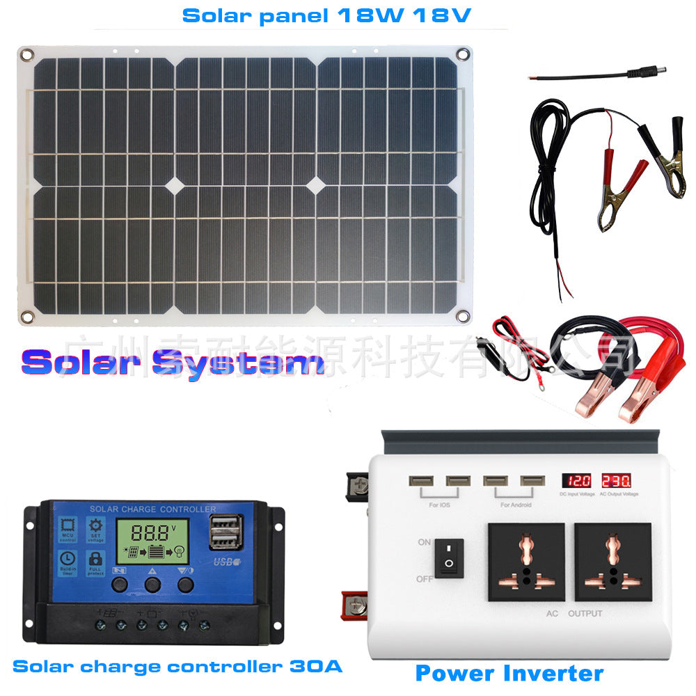 Solar Energy Kit System: 12V Inverter 30A Controller 18W Solar Panel Solar System
