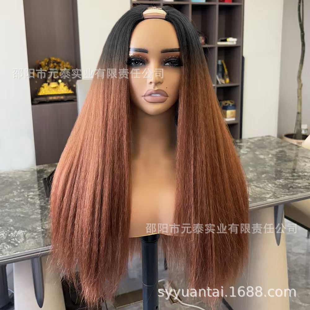 Black Fluffy U Long Straight Wig yaki Wig Hair Clip Half Wig U Part Yaki Wig