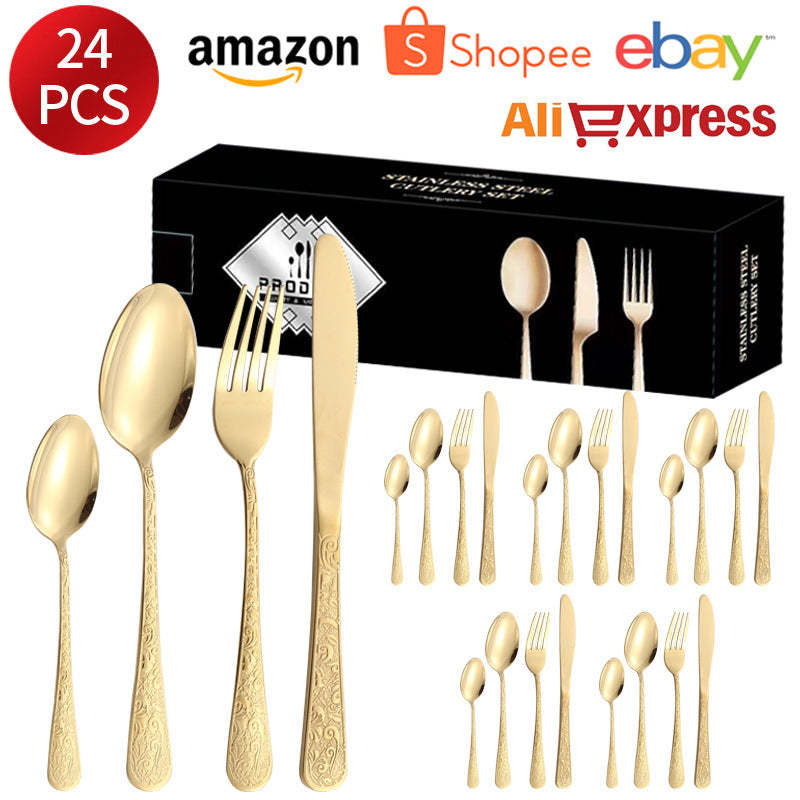 Stainless Steel Tableware Phoenix Pattern Knife Fork Spoon24Set of European-style Retro Relief Western Steak Knives and Forks