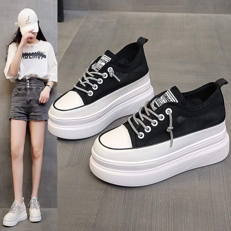 Thick-soled inner height-increasing white sneakers for women with breathable mesh2025Summer New All-Matching8cm Small Size Casual Platform Shoes